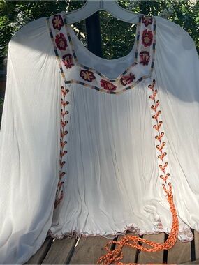 Boho White Peasant Blouse with Red & Orange Embroidery